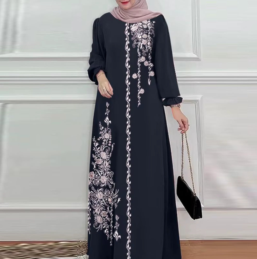 Abaya longue élégante à imprimé floral – Robe ample et confortable pour femme