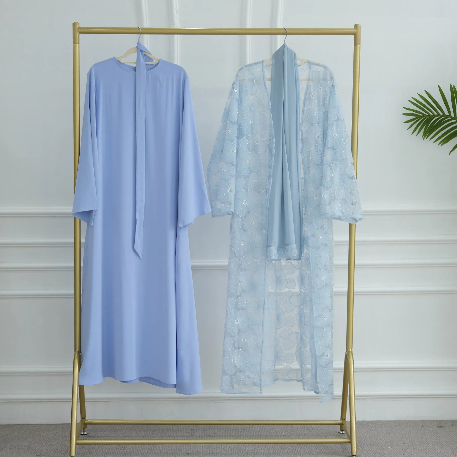 Abaya de luxe 3 pièces pour femme – Style Dubaï – Dentelle élégante avec hijab