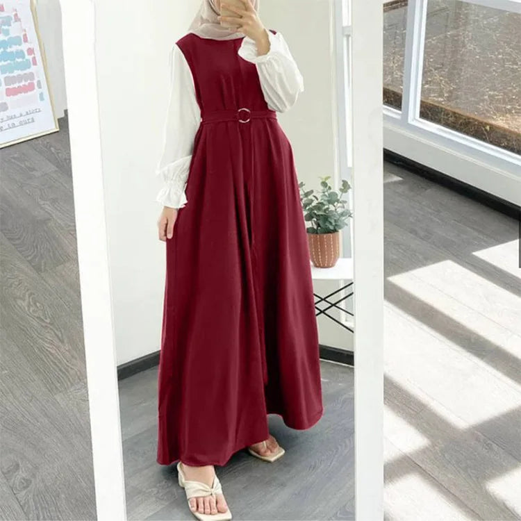 Robe Abaya Longue pour Femme Musulmane – Col Rond, Manches Volantes & Ceinture Incluse