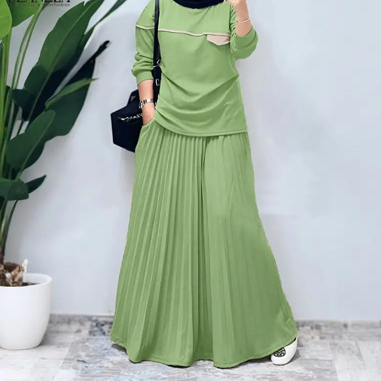 Ensemble Modeste Plissé 2 Pièces – Jupe Longue et Haut à Manches Longues
