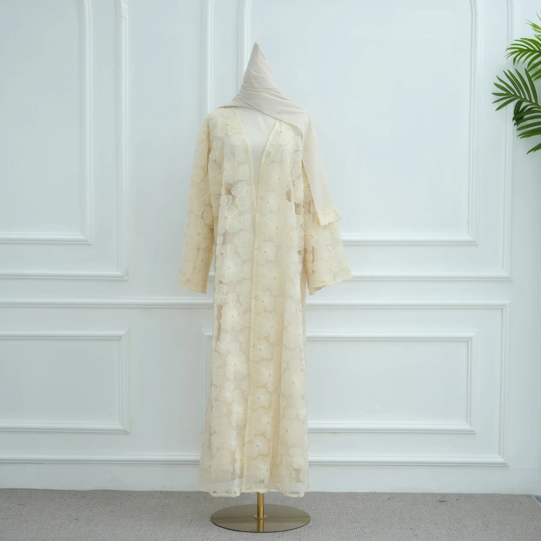 Abaya de luxe 3 pièces pour femme – Style Dubaï – Dentelle élégante avec hijab