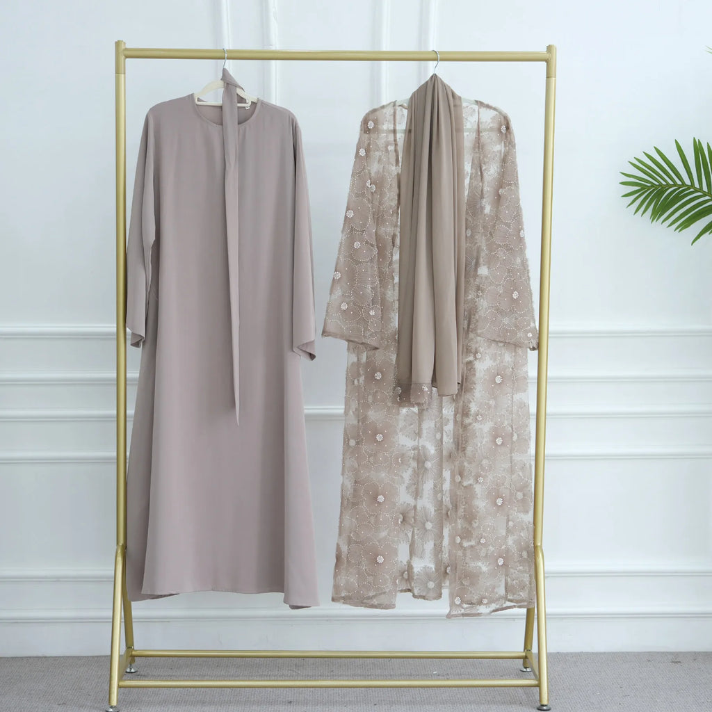 Abaya de luxe 3 pièces pour femme – Style Dubaï – Dentelle élégante avec hijab