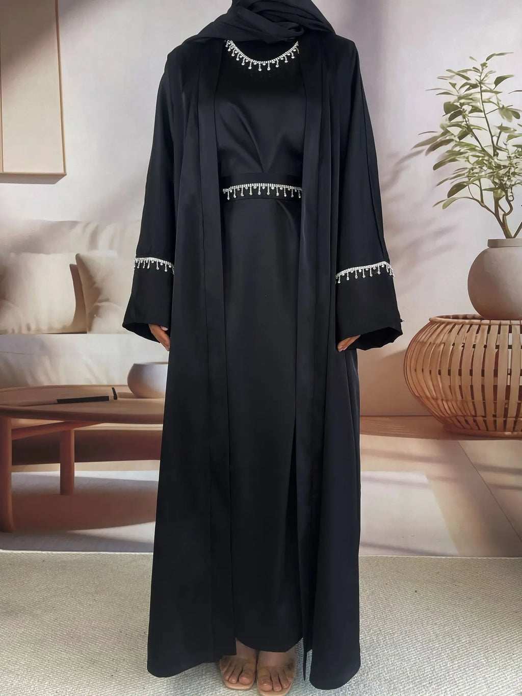 Abaya de luxe en satin - ensemble 6 piéces avec hijab et ceinture