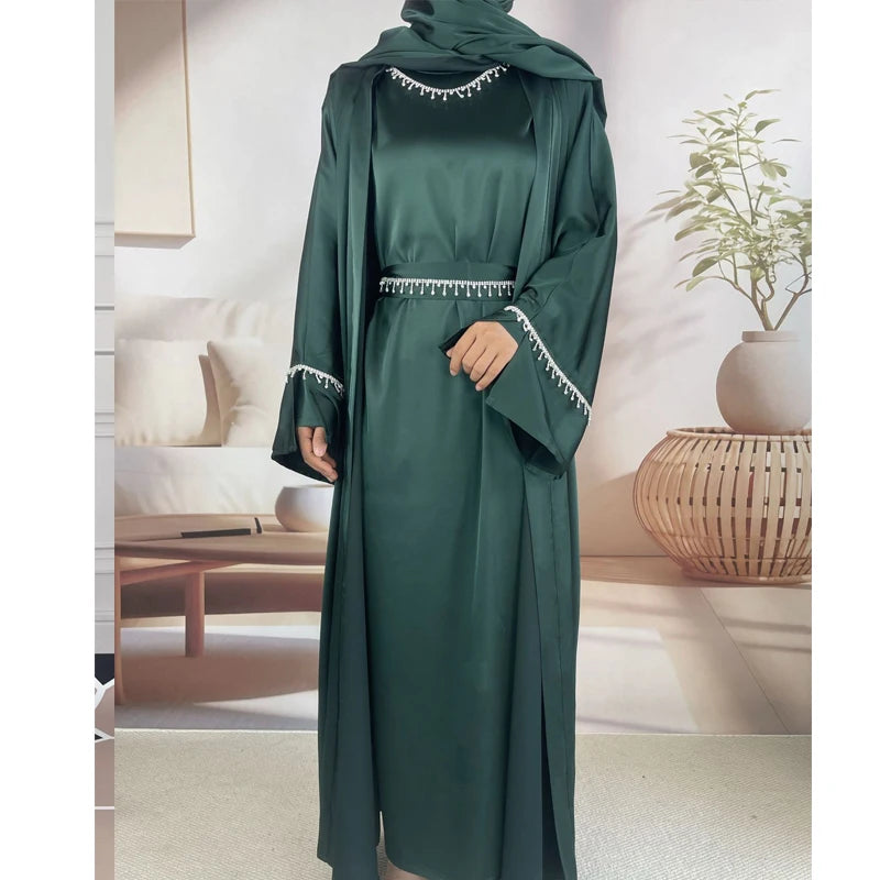 Abaya de luxe en satin - ensemble 6 piéces avec hijab et ceinture