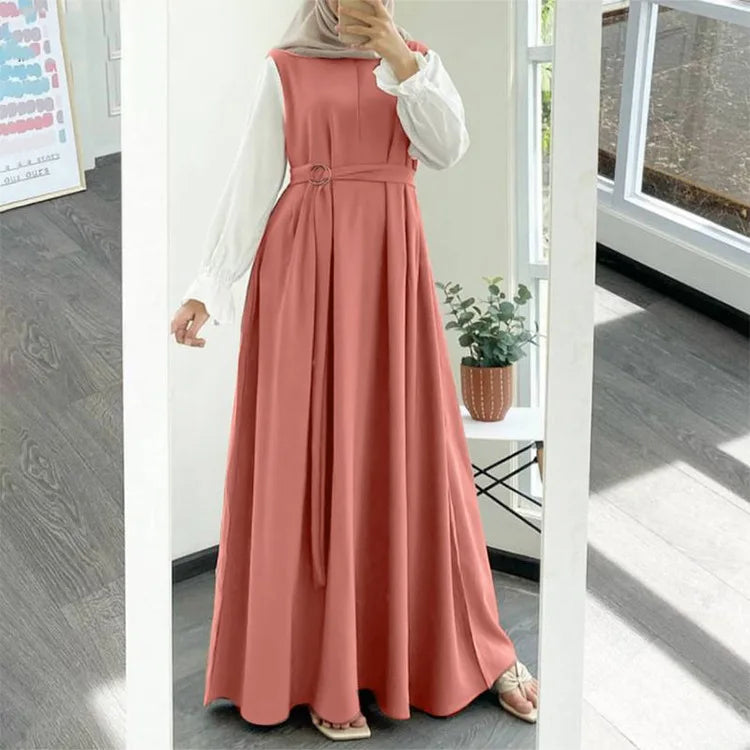 Robe Abaya Longue pour Femme Musulmane – Col Rond, Manches Volantes & Ceinture Incluse