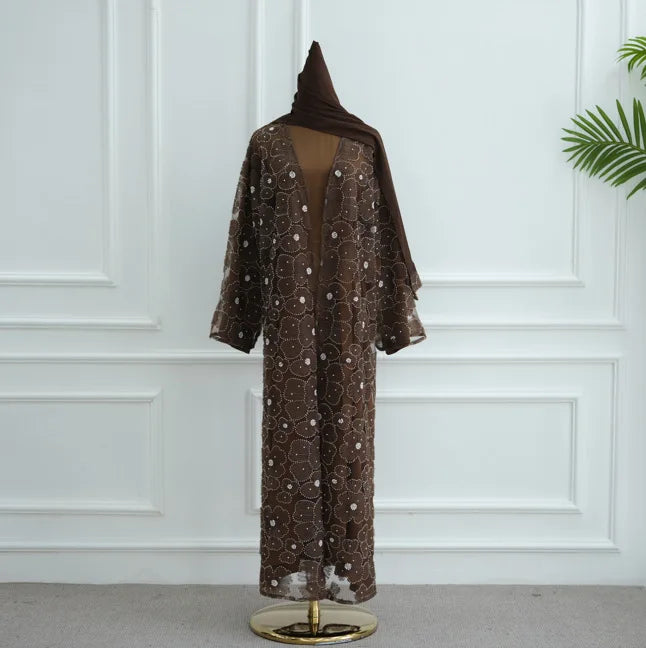 Abaya de luxe 3 pièces pour femme – Style Dubaï – Dentelle élégante avec hijab