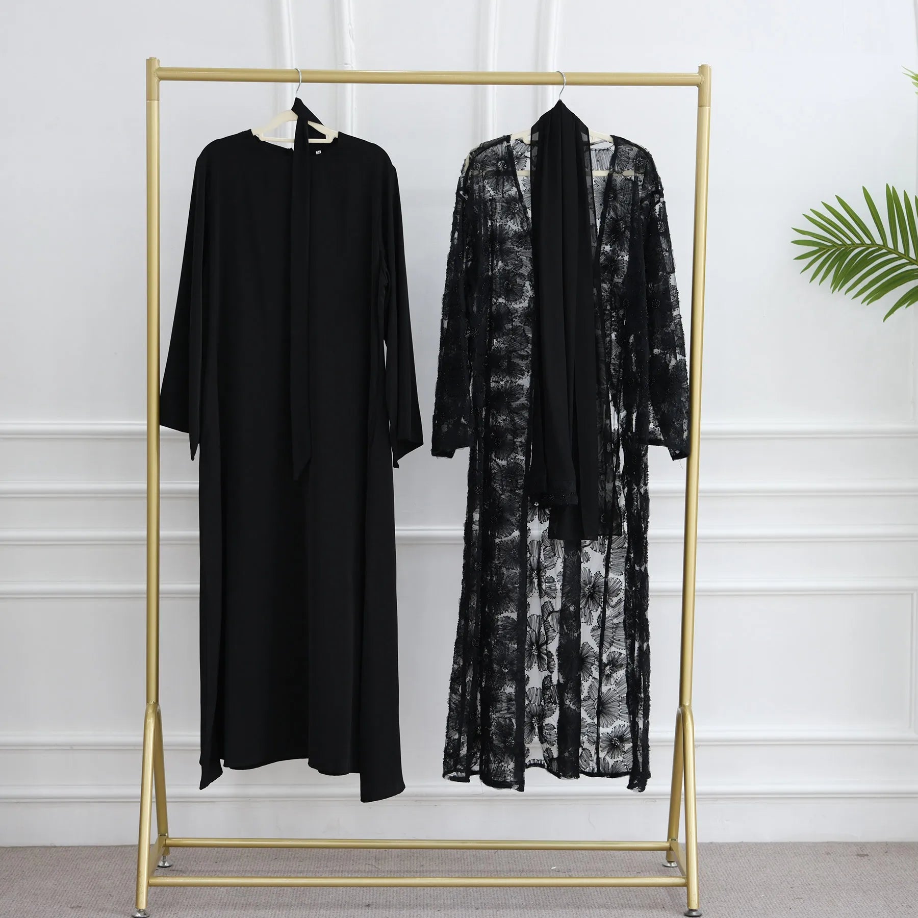 Abaya de luxe 3 pièces pour femme – Style Dubaï – Dentelle élégante avec hijab
