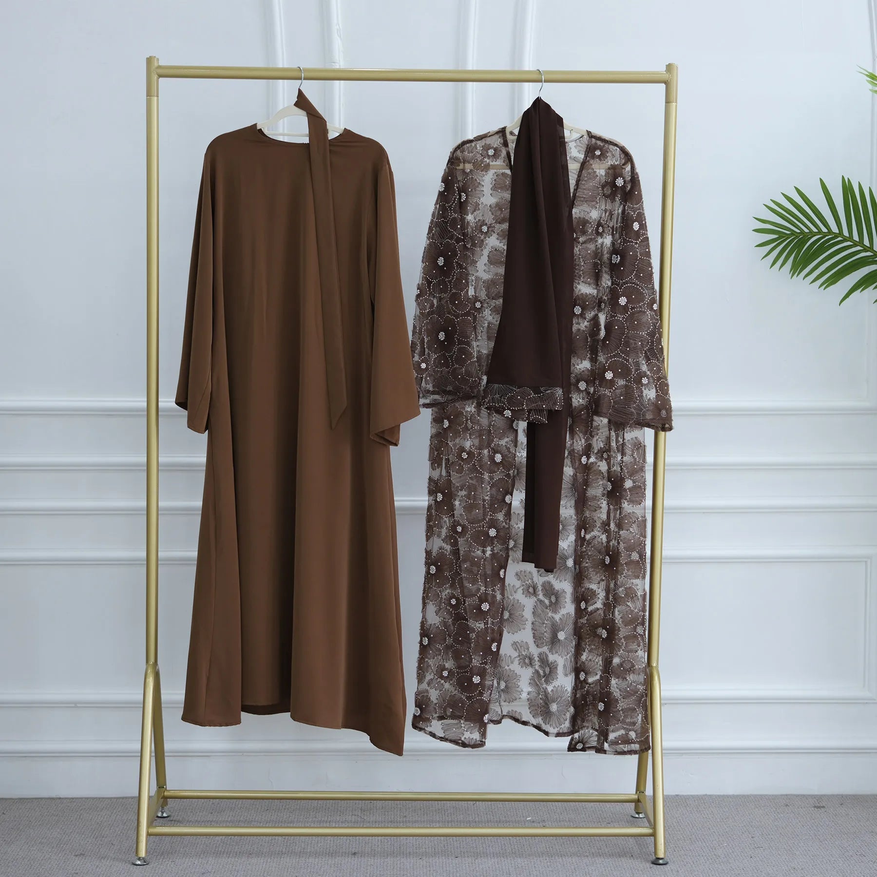 Abaya de luxe 3 pièces pour femme – Style Dubaï – Dentelle élégante avec hijab
