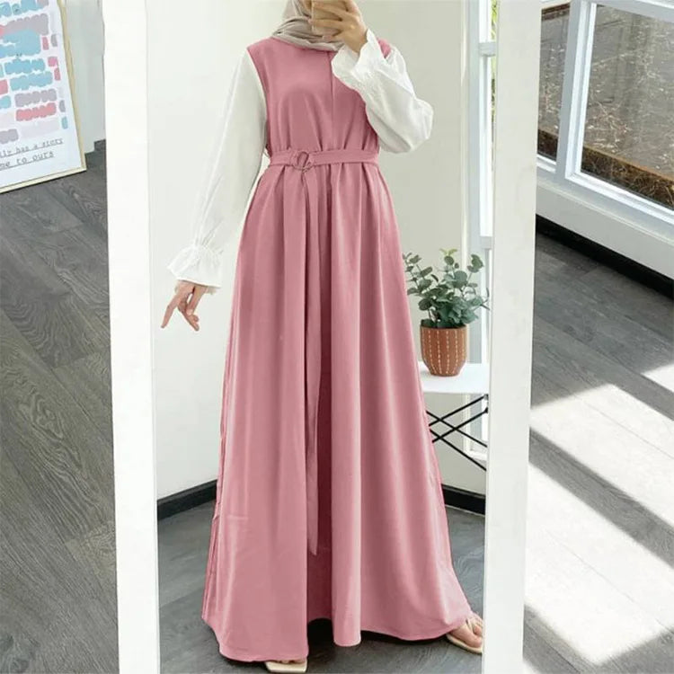 Robe Abaya Longue pour Femme Musulmane – Col Rond, Manches Volantes & Ceinture Incluse
