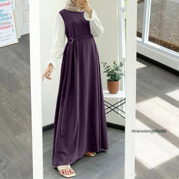 Robe Abaya Longue pour Femme Musulmane – Col Rond, Manches Volantes & Ceinture Incluse