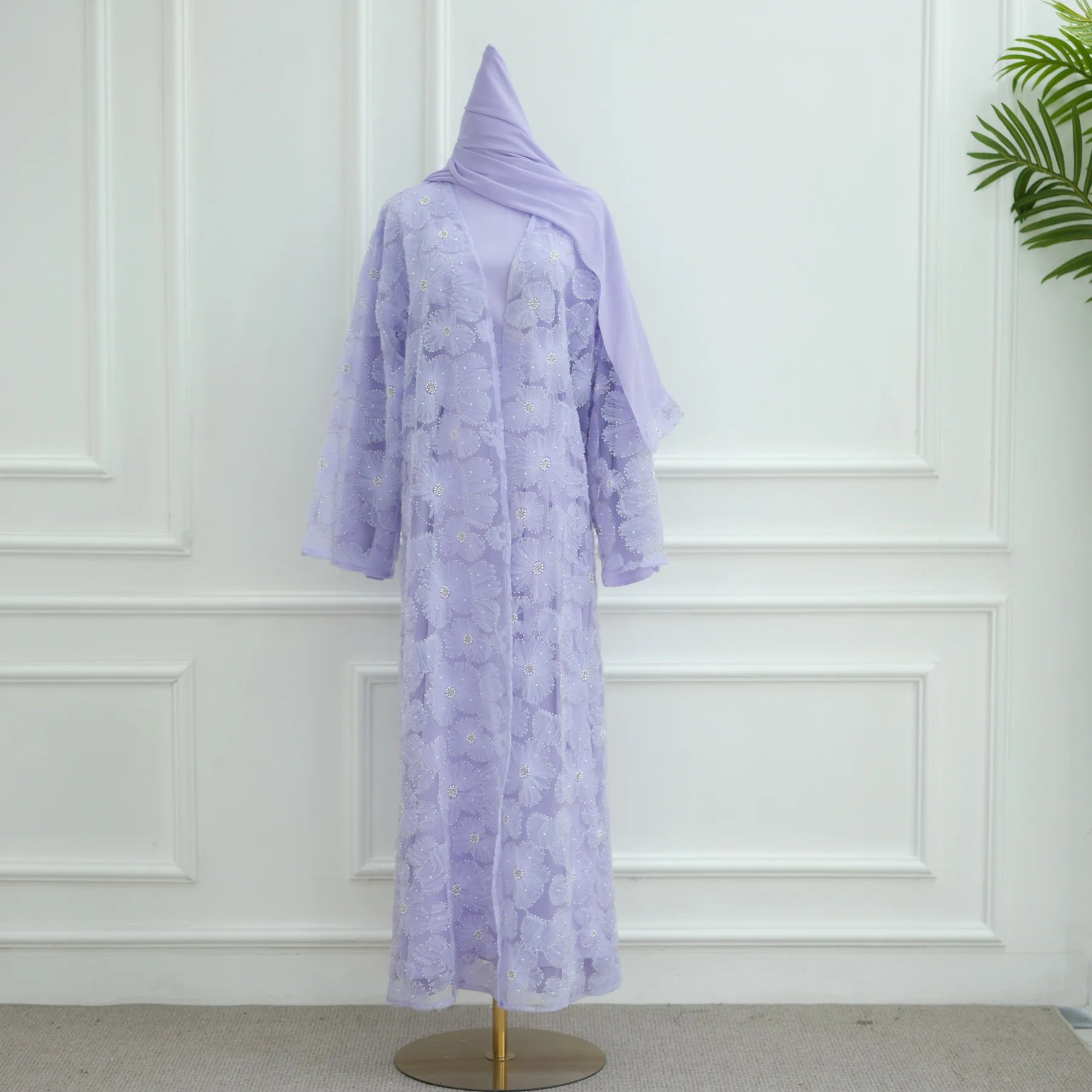 Abaya de luxe 3 pièces pour femme – Style Dubaï – Dentelle élégante avec hijab