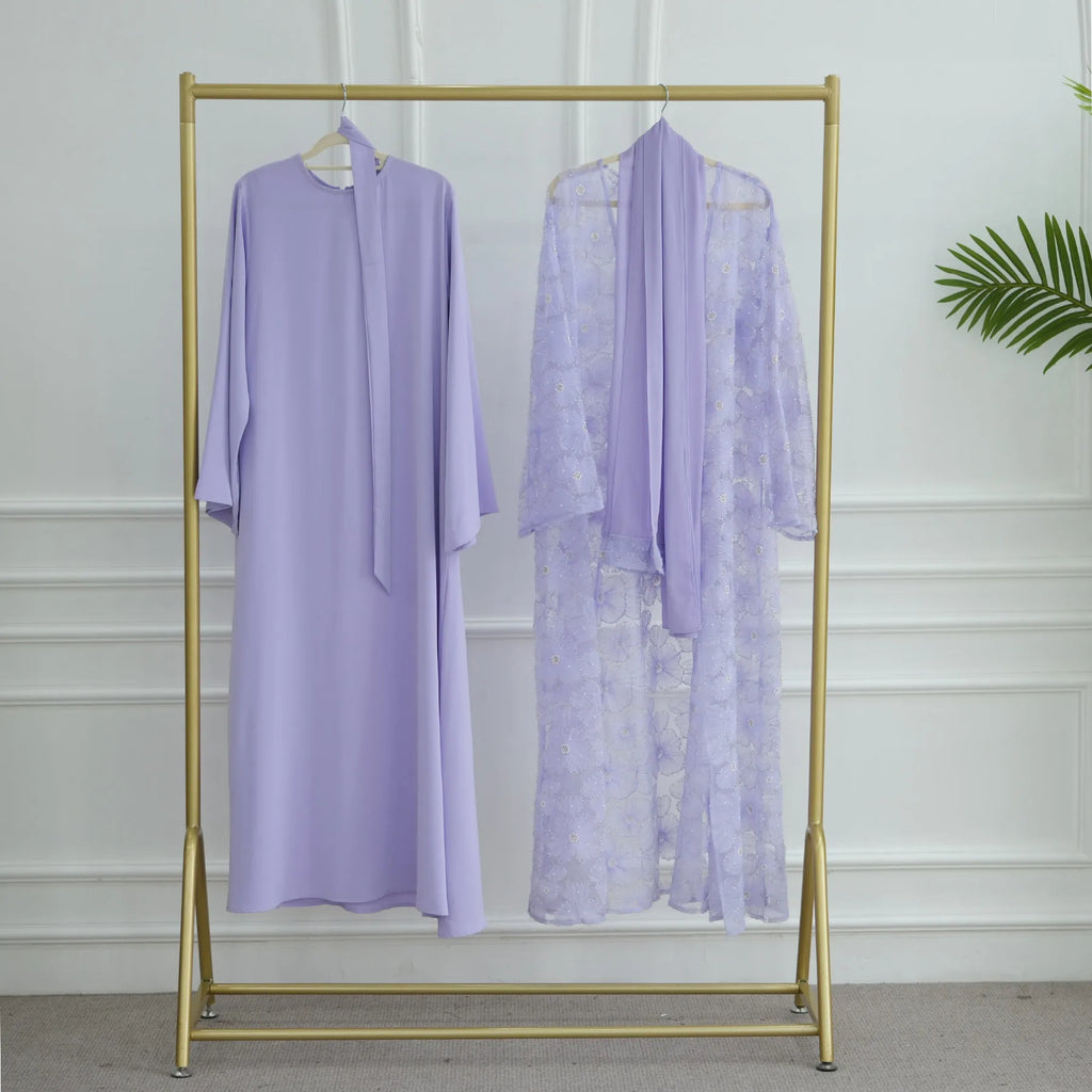 Abaya de luxe 3 pièces pour femme – Style Dubaï – Dentelle élégante avec hijab