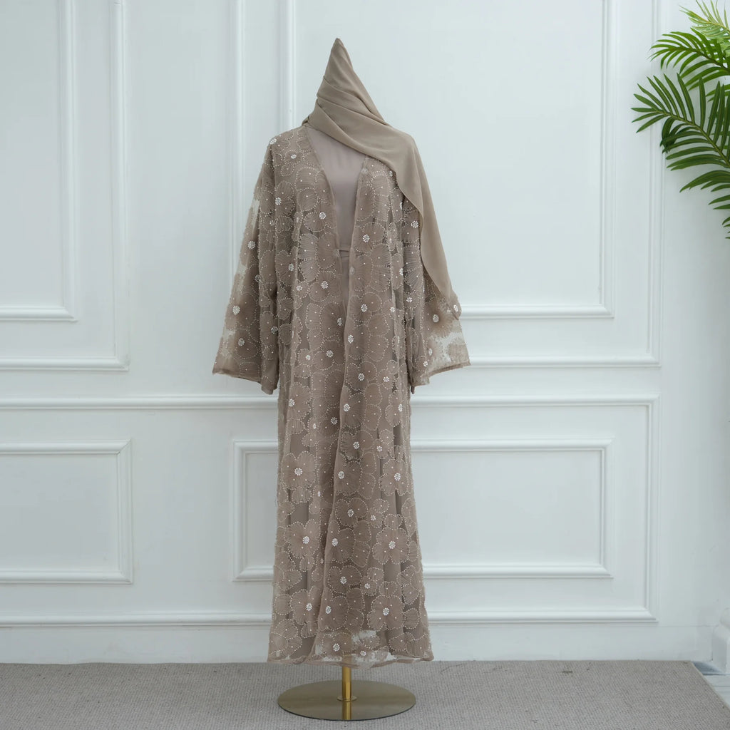 Abaya de luxe 3 pièces pour femme – Style Dubaï – Dentelle élégante avec hijab