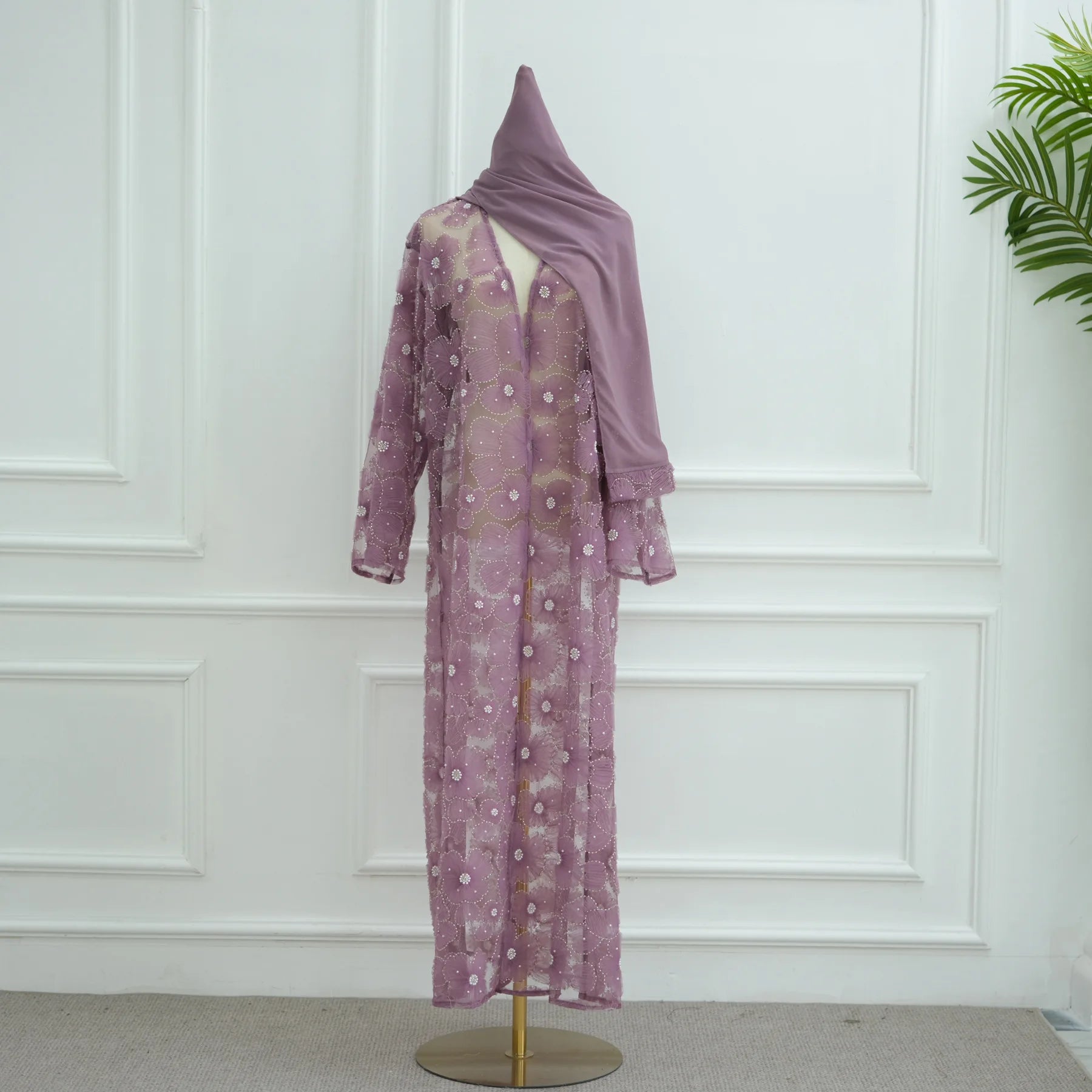 Abaya de luxe 3 pièces pour femme – Style Dubaï – Dentelle élégante avec hijab