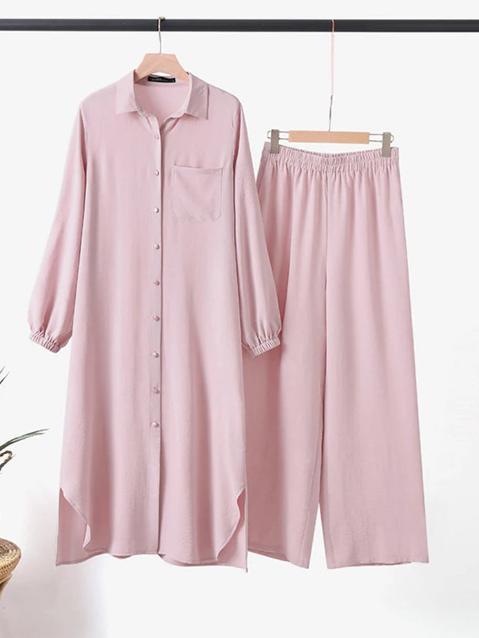 Ensemble Modeste 2 Pièces – Chemise Longue & Pantalon Ample