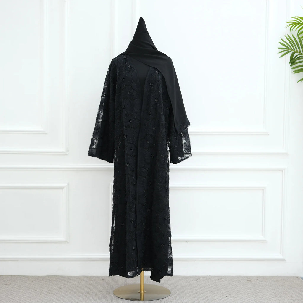 Abaya de luxe 3 pièces pour femme – Style Dubaï – Dentelle élégante avec hijab