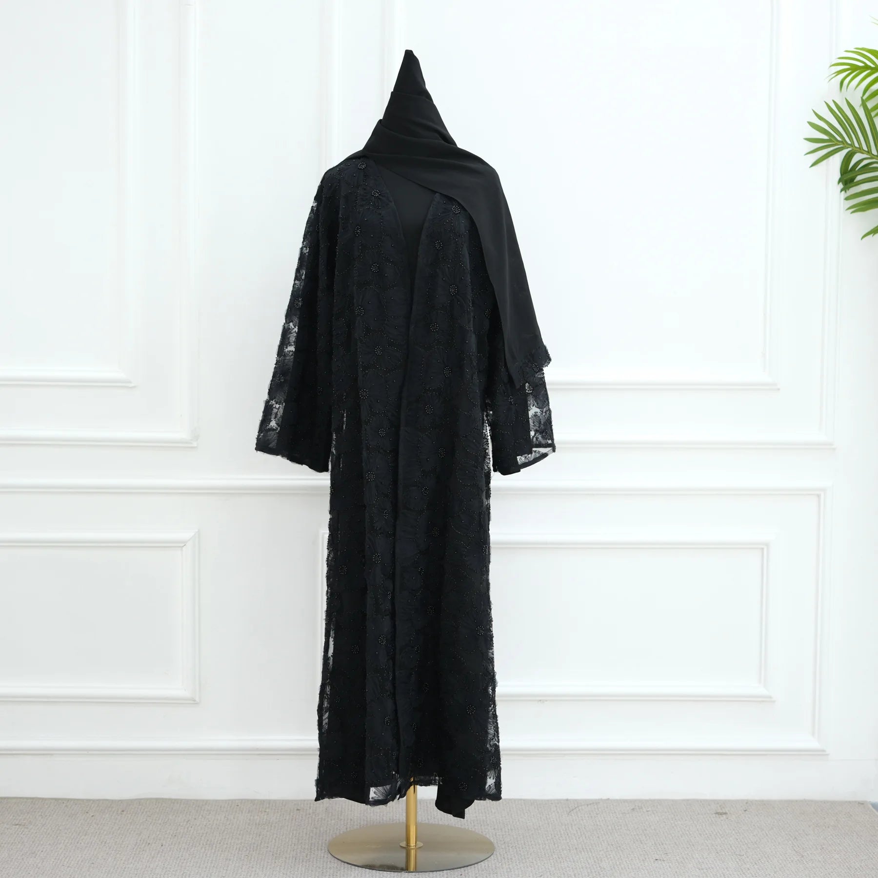 Abaya de luxe 3 pièces pour femme – Style Dubaï – Dentelle élégante avec hijab