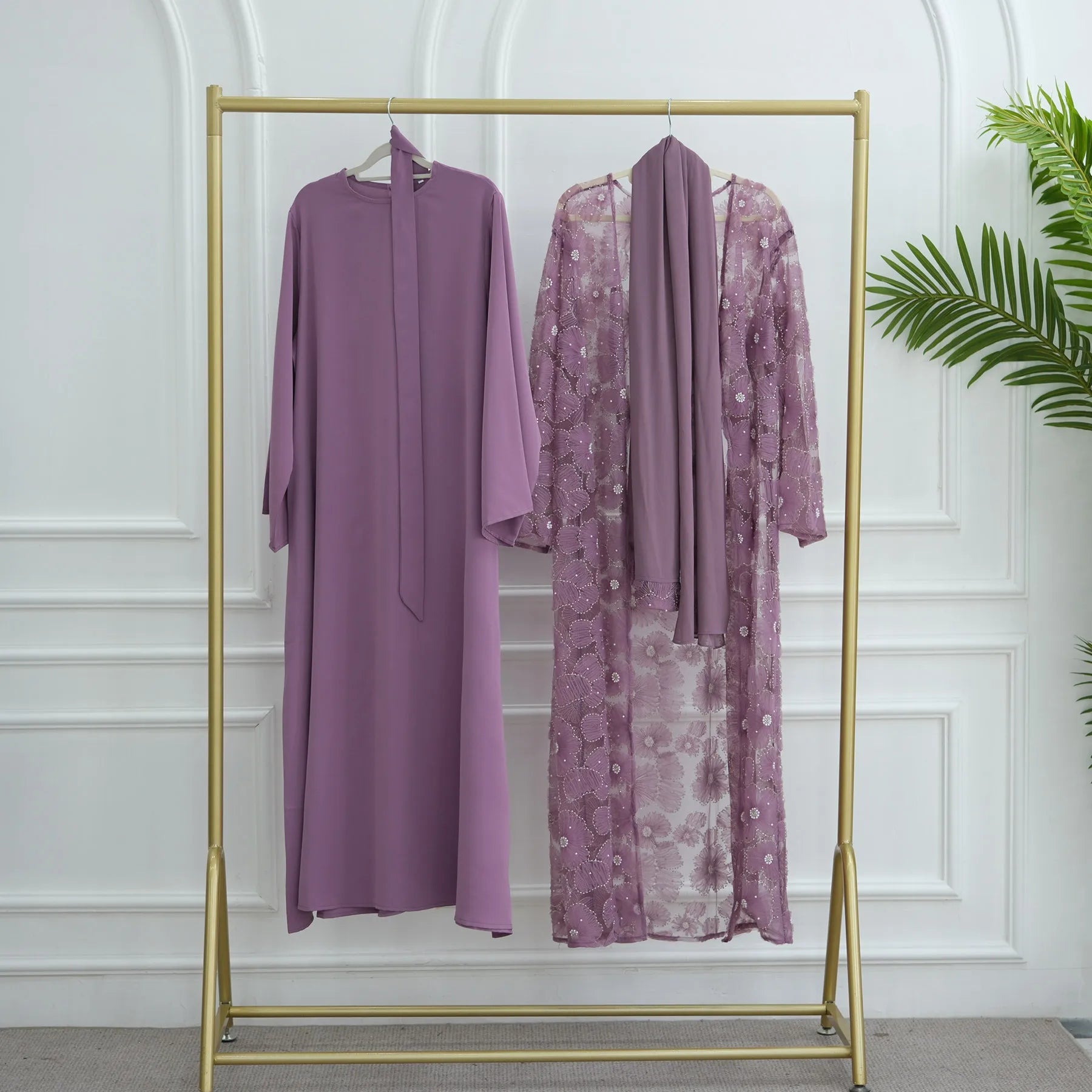 Abaya de luxe 3 pièces pour femme – Style Dubaï – Dentelle élégante avec hijab