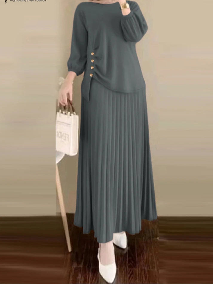 Ensemble Modeste 2 Pièces Plissé – Jupe Longue & Haut Élégant