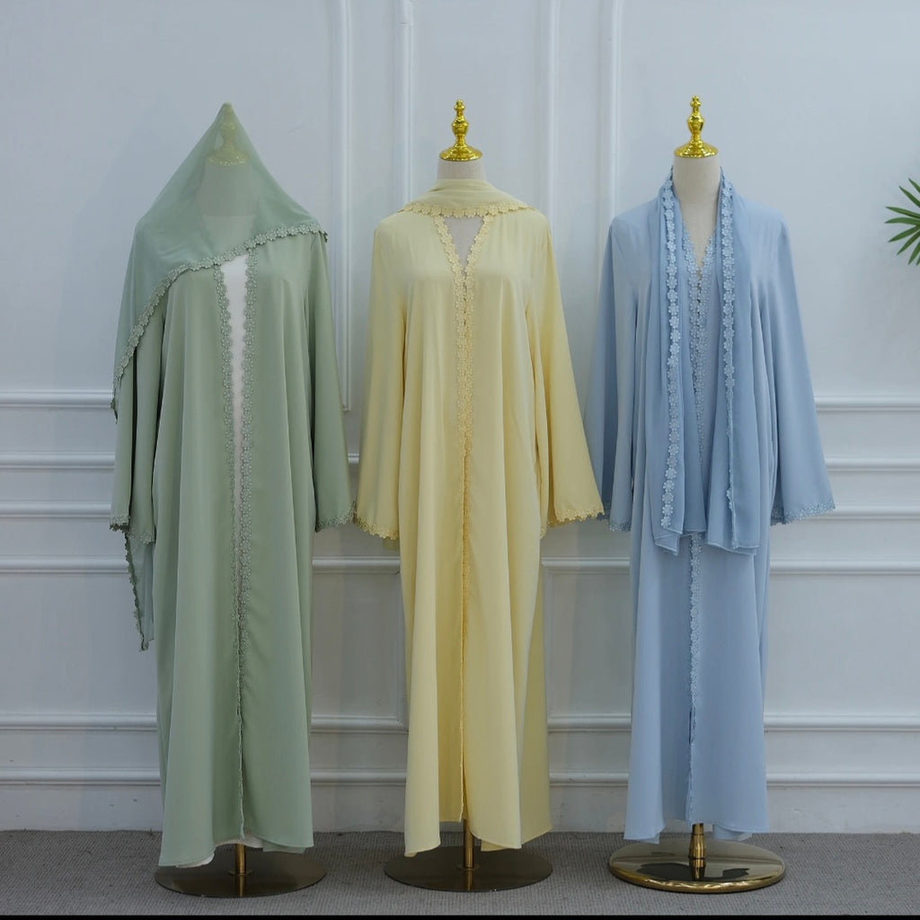 Ensemble Abaya 2 Pièces avec Finitions Dentelle Guipure