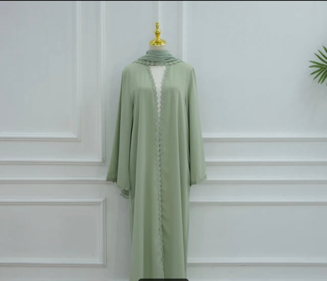 Ensemble Abaya 2 Pièces avec Finitions Dentelle Guipure